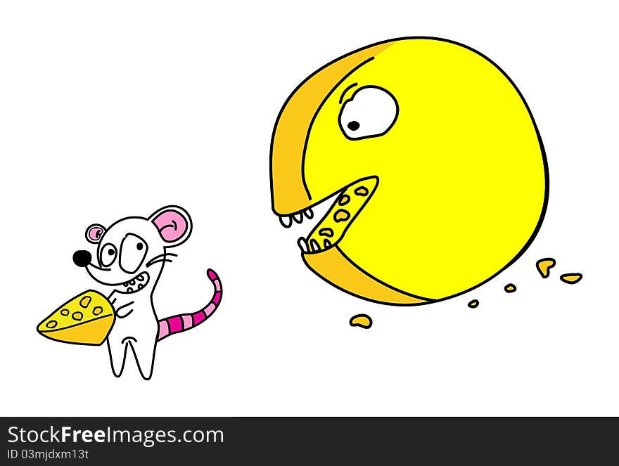 Angry cheese with hungry mouse. Angry cheese with hungry mouse