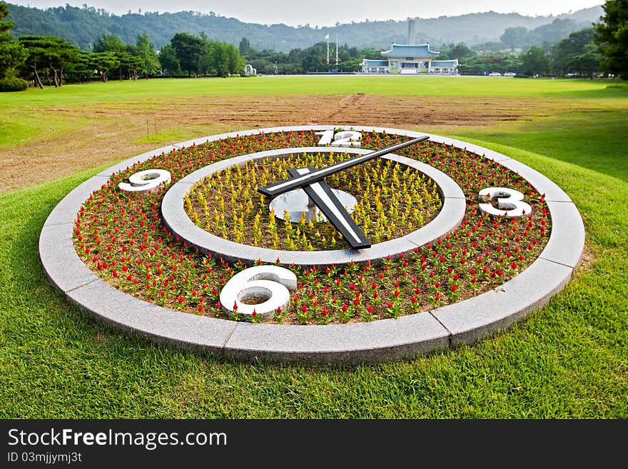 Flower Clock On Lawn Background