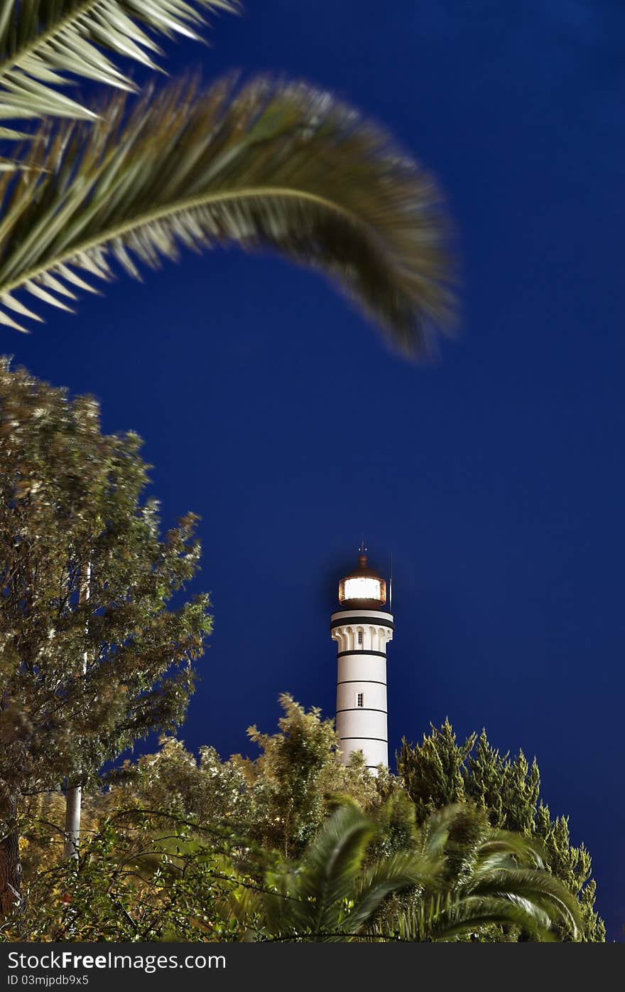 Lighthouse at night in Vila Real de Santo Antonio, Algarve, Portugal