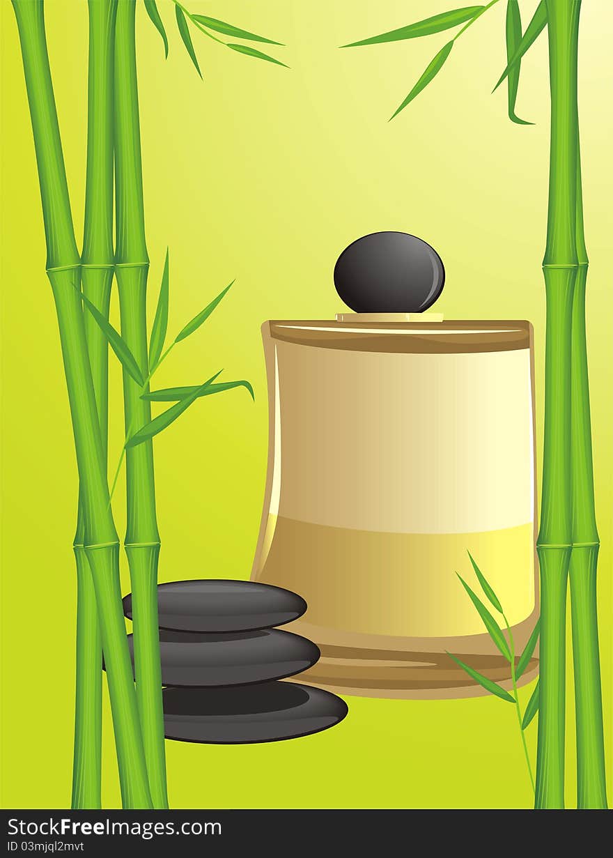 Green bamboo, black stones and spa oil. Illustration