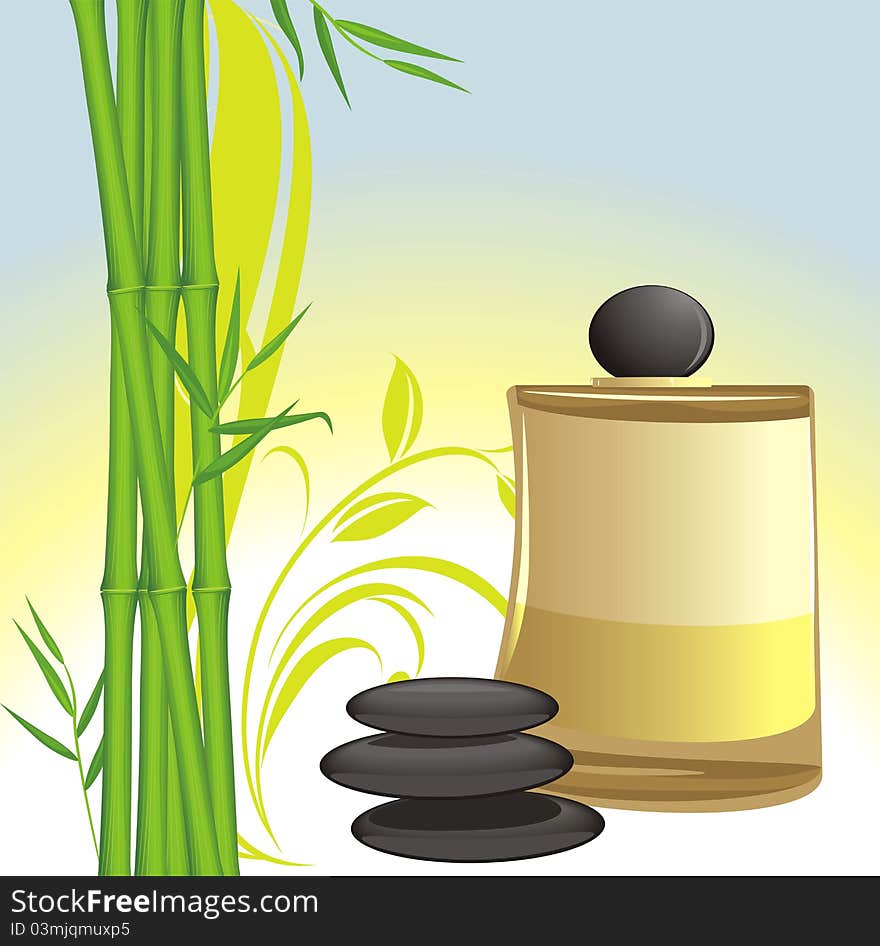 Spa oil, black stones and green bamboo. Illustration