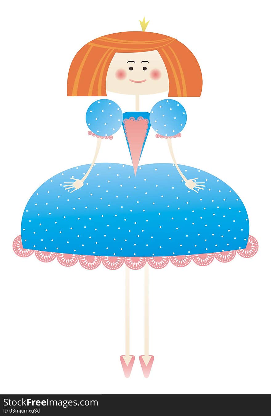 Illustration of isolated little princess in tender blue dress.