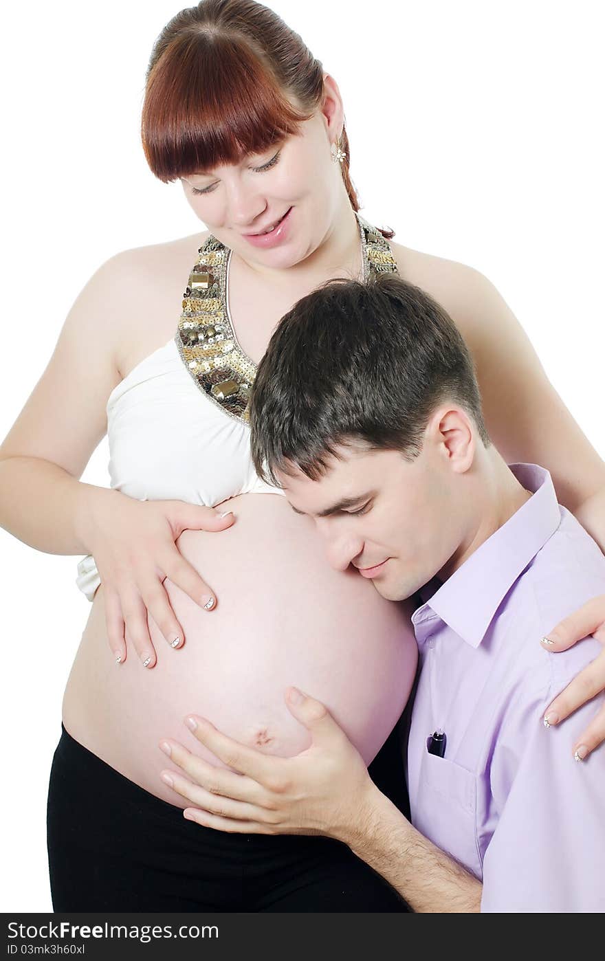 Happy pregnant couple isolated on white background