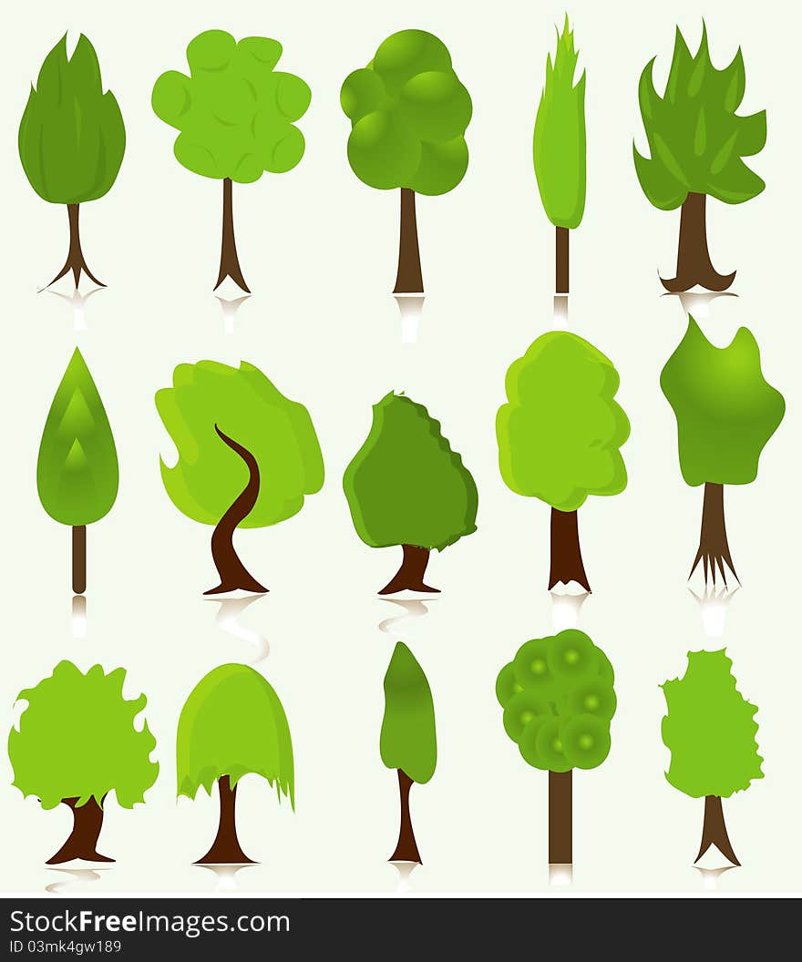 Set of different tree isolated on green