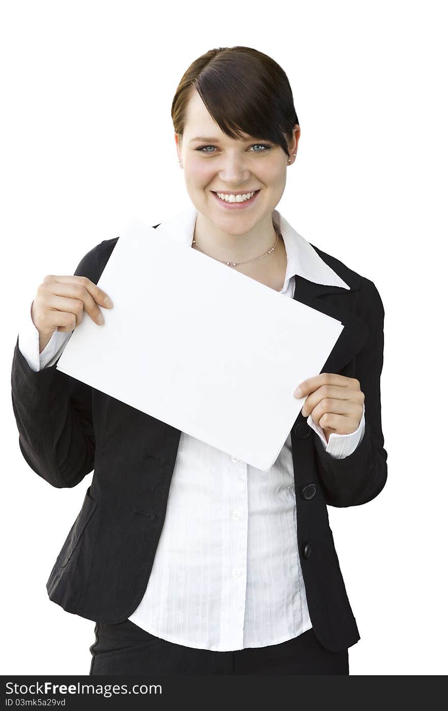 Happy young woman holding an empty whiteboard