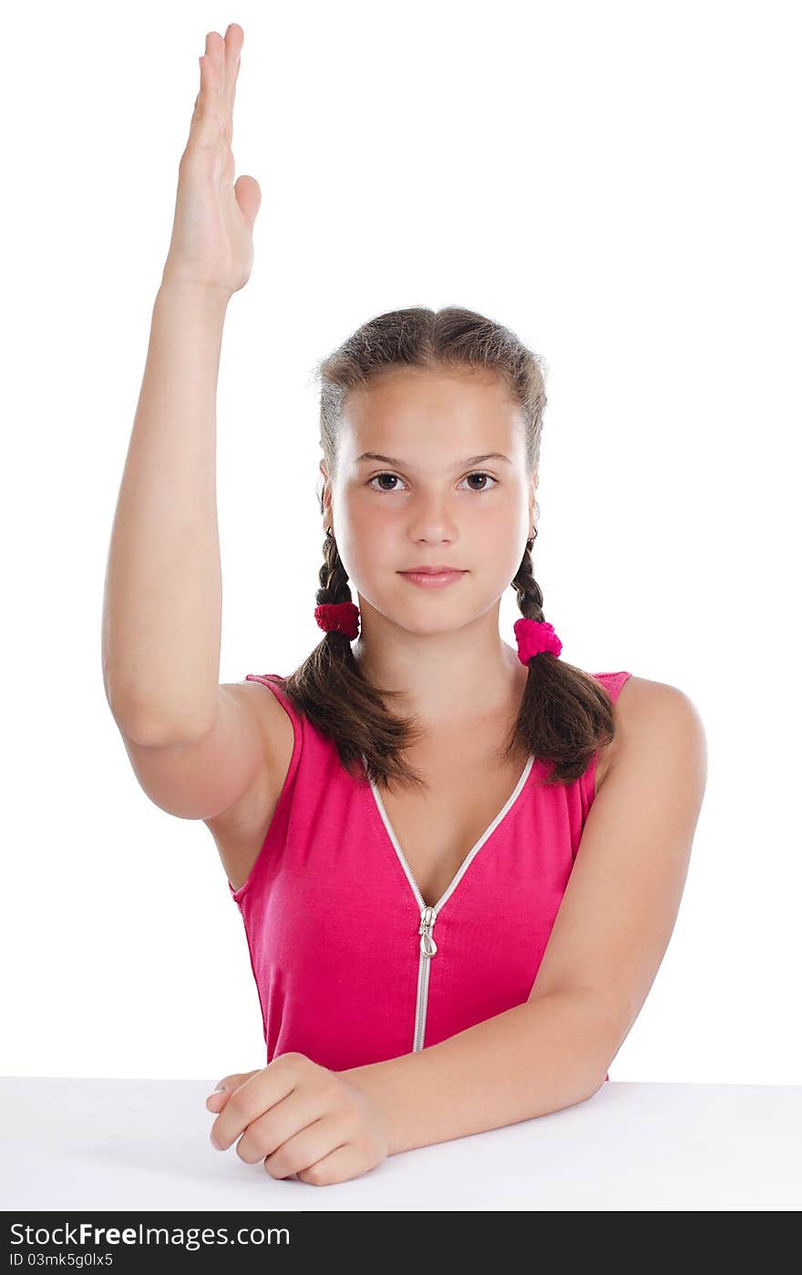 The young girl with the extended hand on white