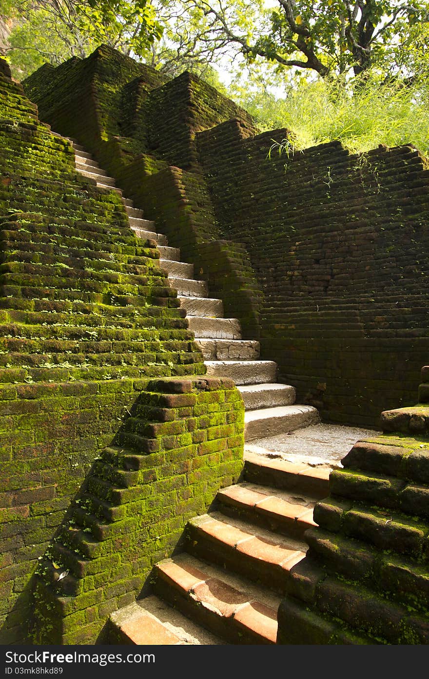 Mysterious steps of ancient Lion Rock Fortress in Sri Lanka