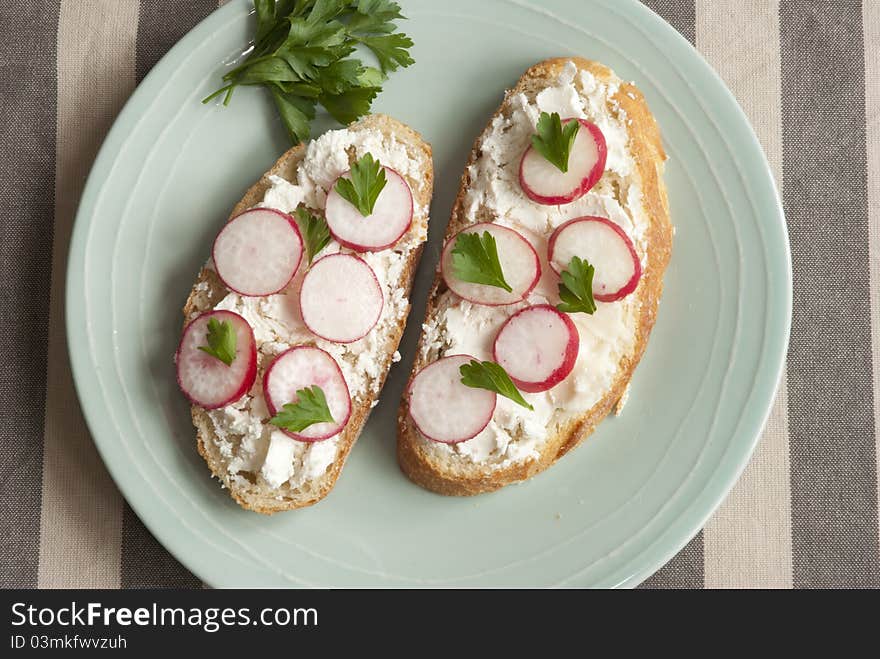 Sourdough with goat's cheese and radish on a plate. Sourdough with goat's cheese and radish on a plate