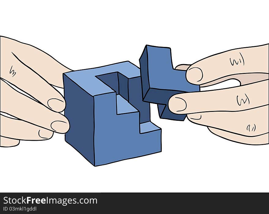 Human hands assembling blue cube