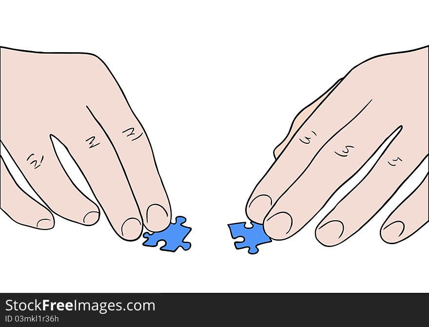 Human hands assembling two puzzle pieces vector