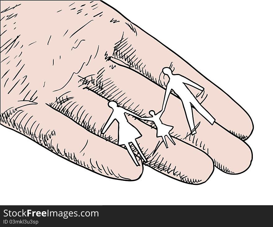 Human hand holding family silhouette on white vector