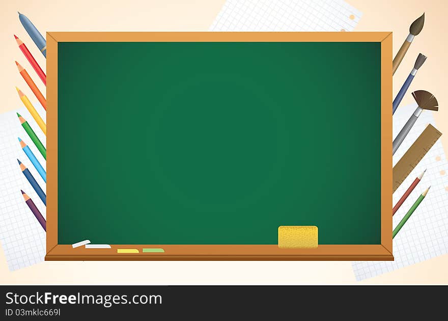 School background with blackboard, pens and pencils vector