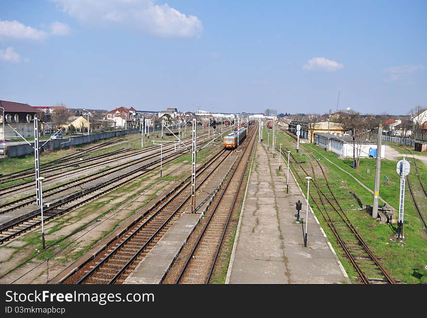 Train at a train station in Timisoara.