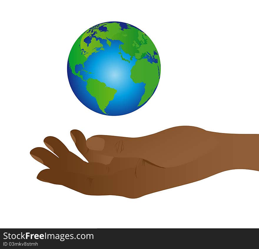 Green and blue planet floating with hand isolated over white background. Green and blue planet floating with hand isolated over white background