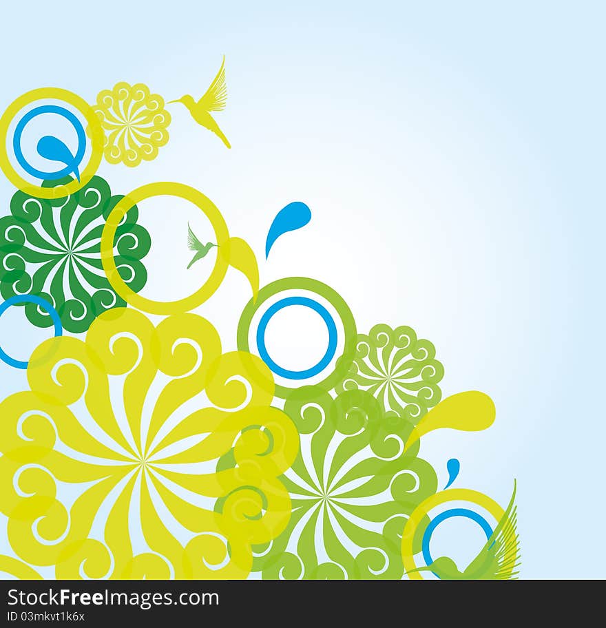 Green flowers and green hummingbird natural background. illustration