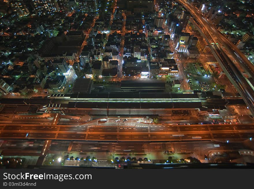 View to night osaka from skyscraper