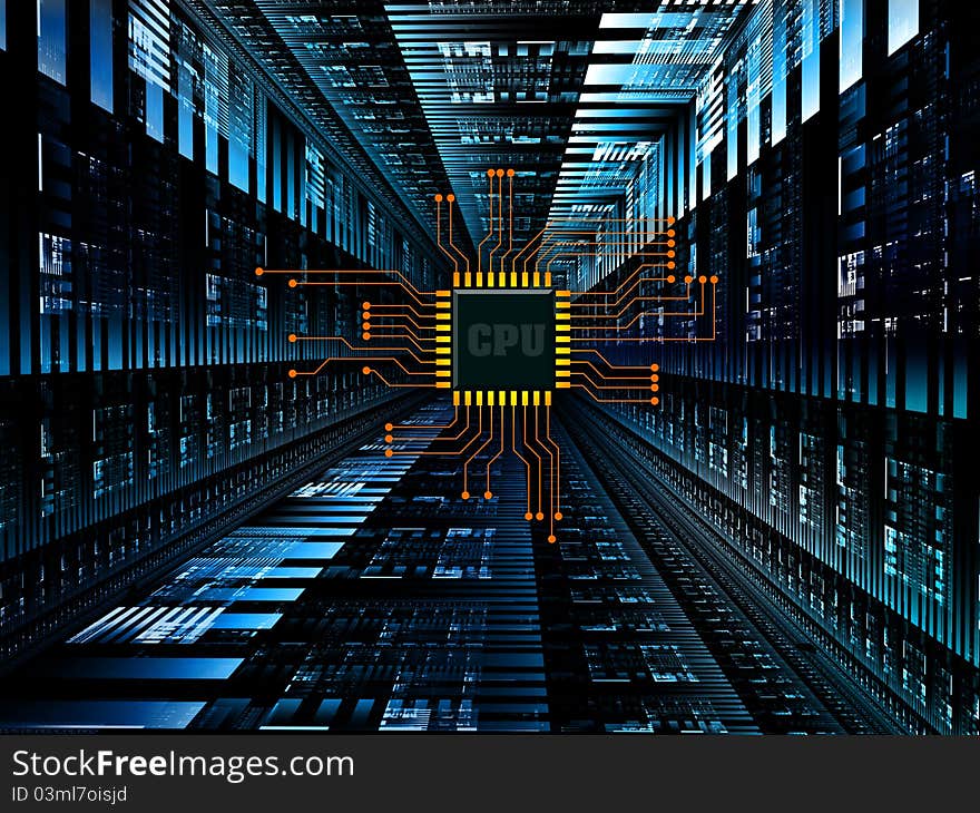 Interplay of digital circuit and technical texture graphics on the subject of electronics, computers, communications and modern technologies.