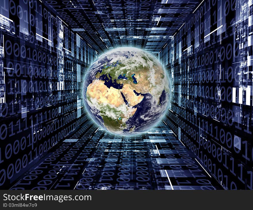 Interplay of Earth globe and numbers on the subject of modern technologies, digital communication and computing. Earth map imagery is a courtesy of Visible Earth. Interplay of Earth globe and numbers on the subject of modern technologies, digital communication and computing. Earth map imagery is a courtesy of Visible Earth