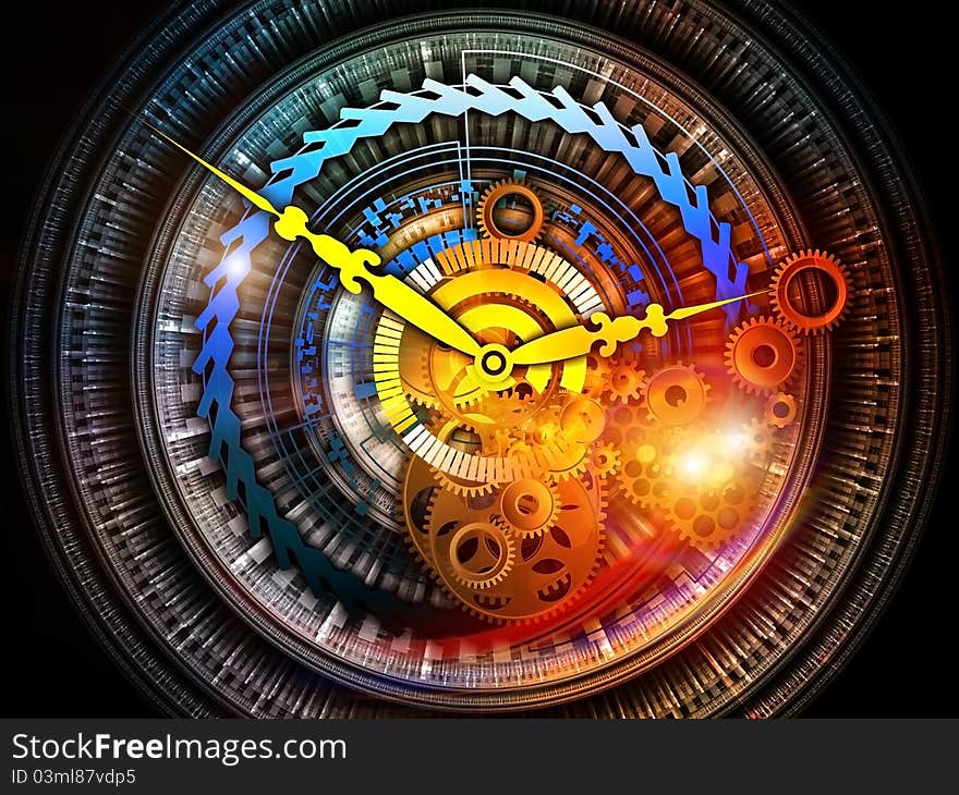 Interplay of elements of a clock and abstract elements on the subject of time, progress, past, present and future of technology. Interplay of elements of a clock and abstract elements on the subject of time, progress, past, present and future of technology