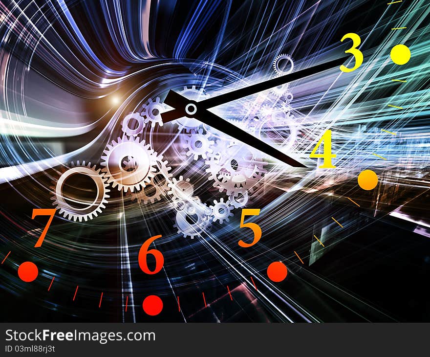 Interplay of elements of a clock and abstract elements on the subject of time, progress, past, present and future of technology. Interplay of elements of a clock and abstract elements on the subject of time, progress, past, present and future of technology