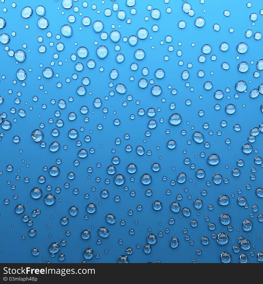 Very high resolution 3d rendering of water droplets on a blue plane.