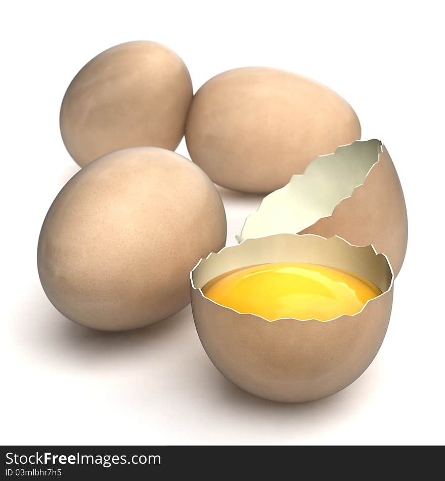 Very high resolution 3d rendering of an open egg isolated over white