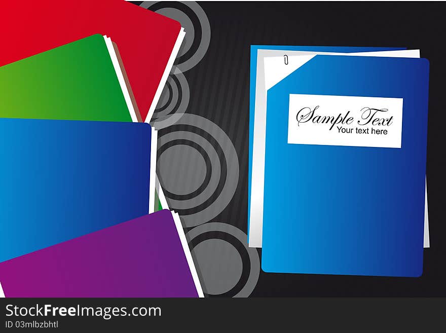 Blue, green, red, violet folder over black and gray circles and lines background. Blue, green, red, violet folder over black and gray circles and lines background