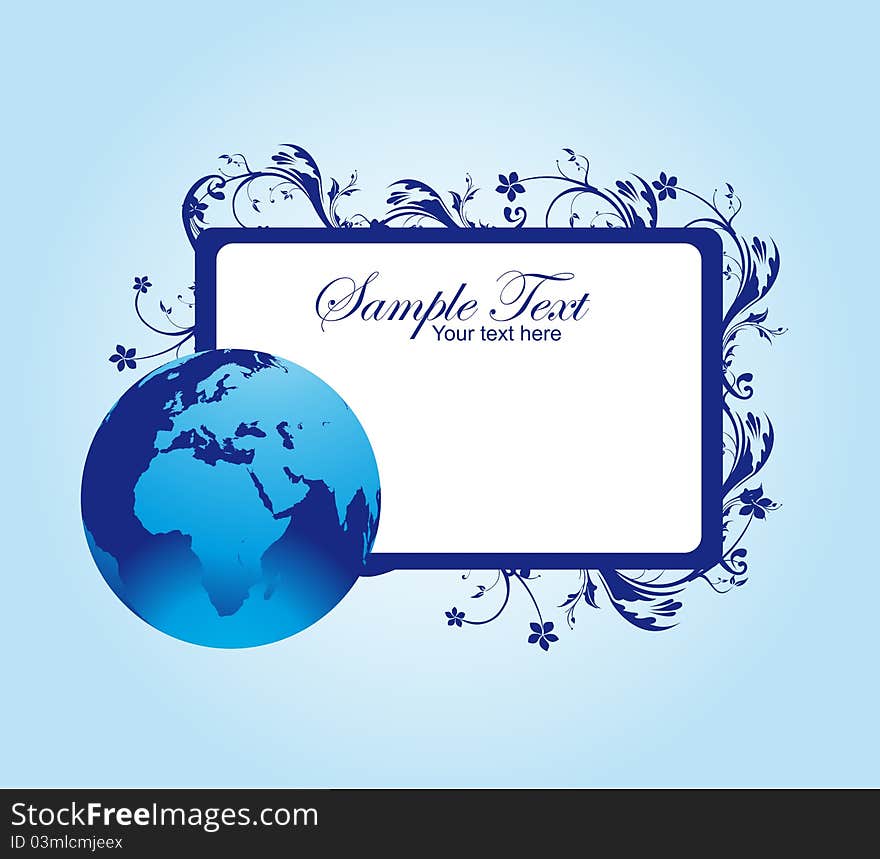 Blue and white blank label with planet over blue and white background