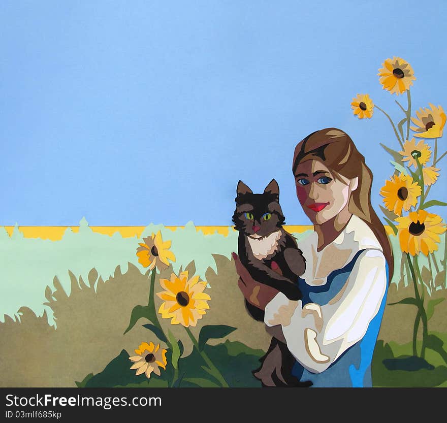 Artist's rendering of a woman holding a cat; a paper collage. Artist's rendering of a woman holding a cat; a paper collage.