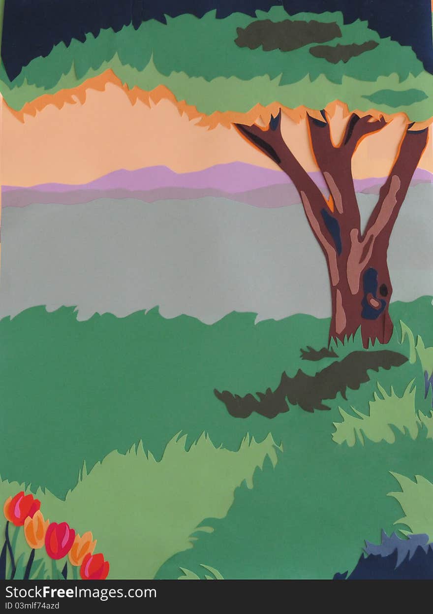 A paper collage of a hill and meadow, and in the foreground, a tree and tulips. A paper collage of a hill and meadow, and in the foreground, a tree and tulips.