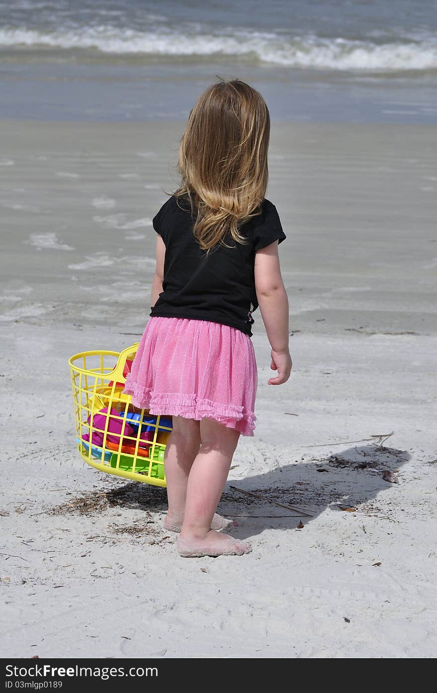 Little girl standing by the water at a beach in Florida holding a beach bag. Little girl standing by the water at a beach in Florida holding a beach bag.