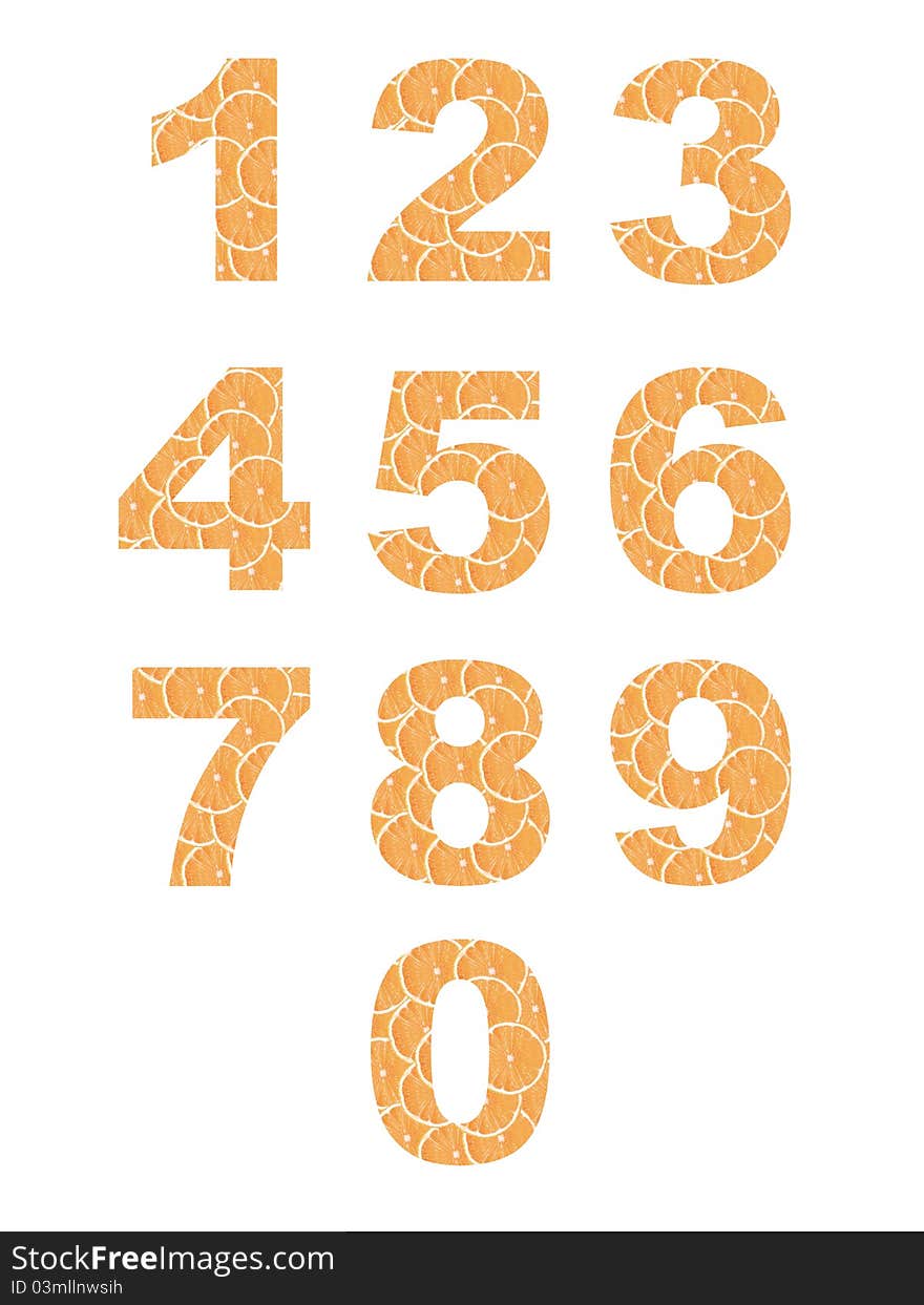 Numbers cropped from slices of fresh orange. Numbers cropped from slices of fresh orange