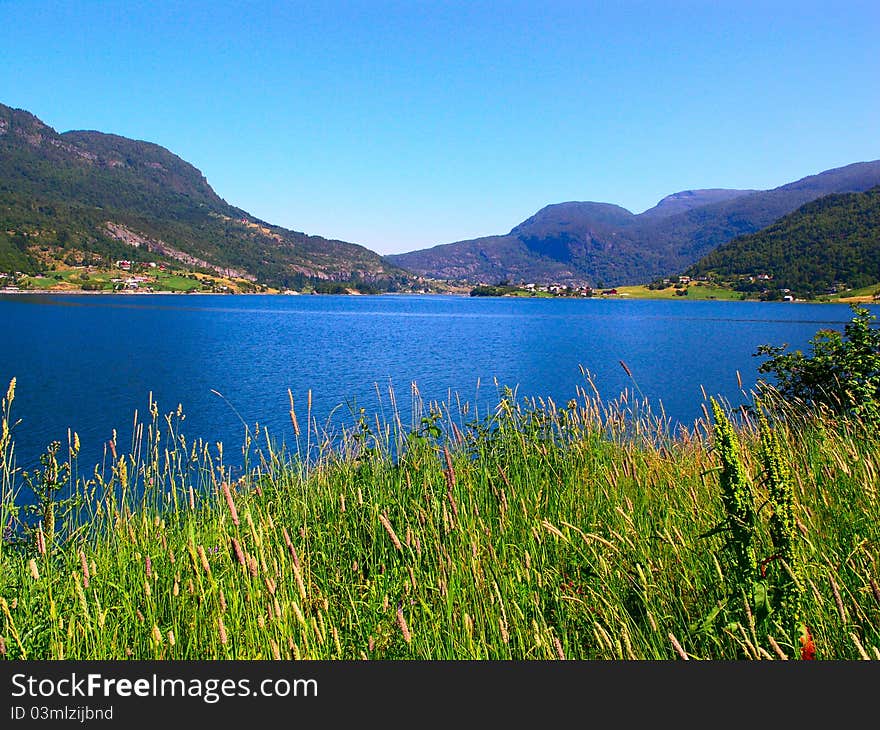 Beautiful blue lake in the Norwegian mountains