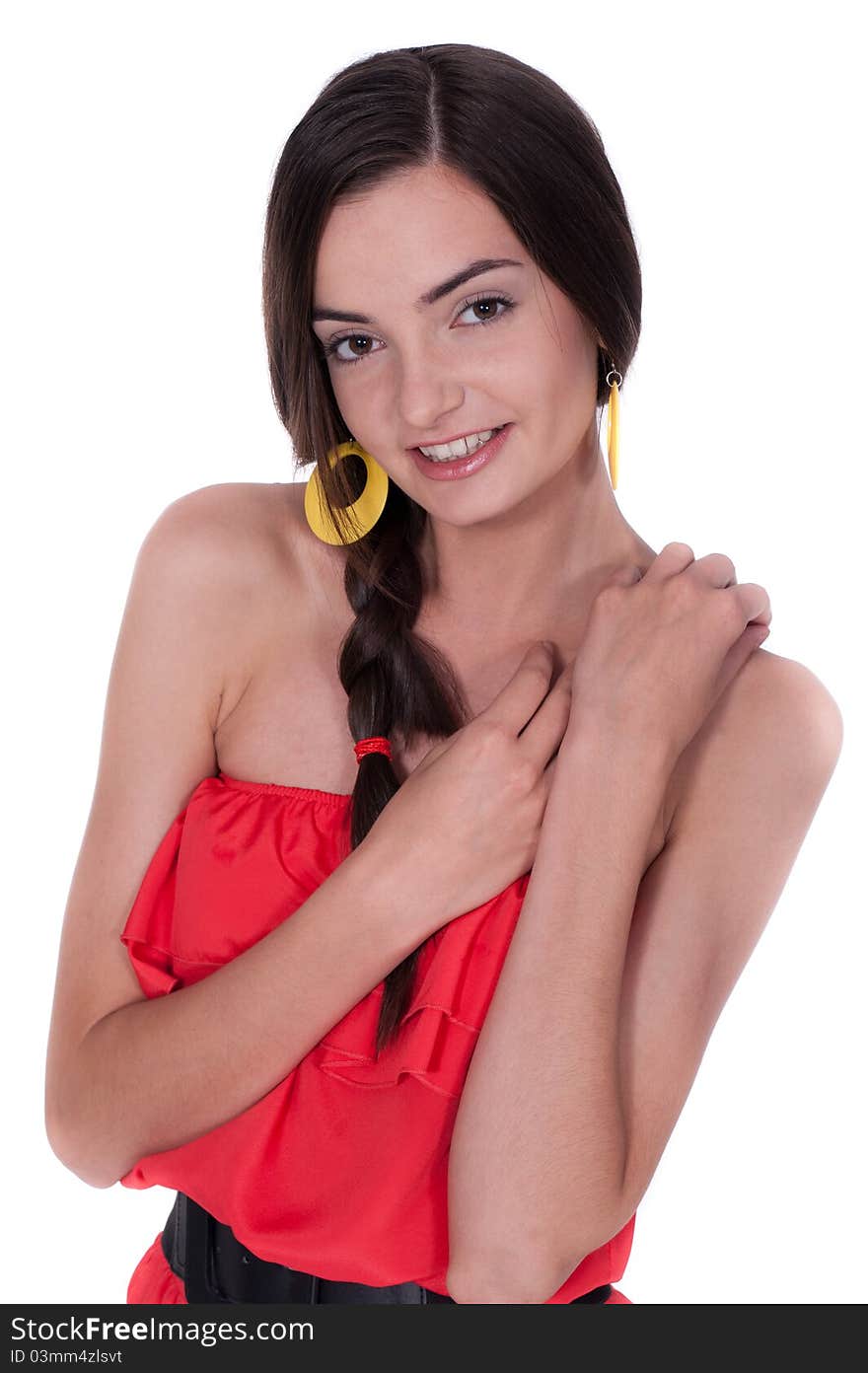 Portrait of a beautiful young woman in red dress. Isolated over white background. Portrait of a beautiful young woman in red dress. Isolated over white background.