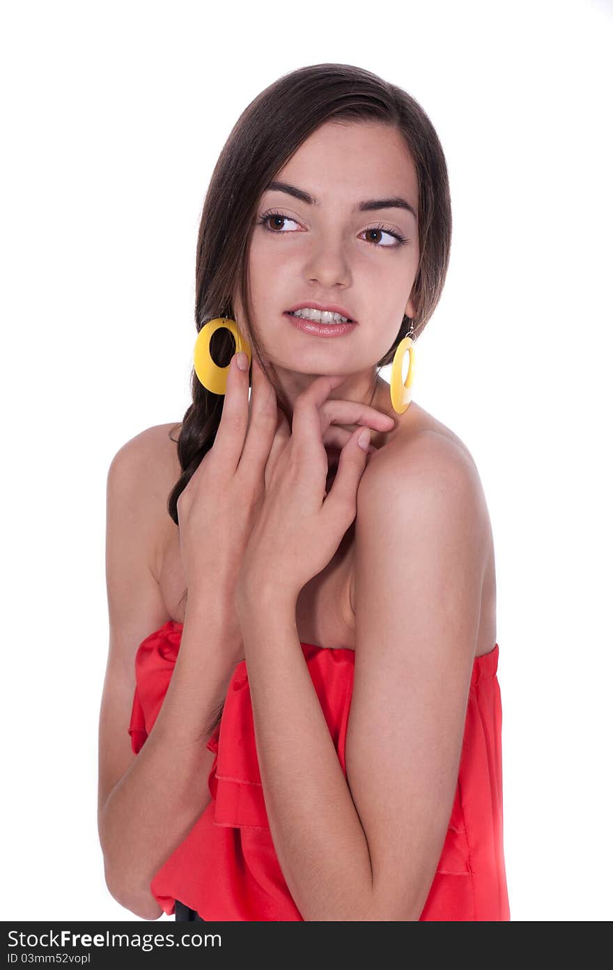 Portrait of a beautiful young woman in red dress. Isolated over white background. Portrait of a beautiful young woman in red dress. Isolated over white background.