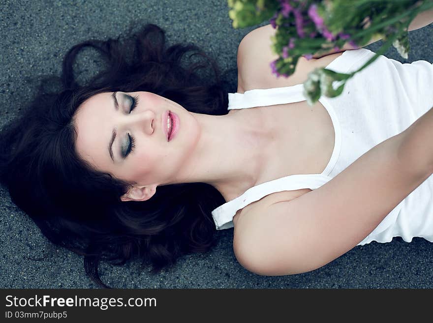 Sexy Face Of Young Beautiful Girl With Flowers