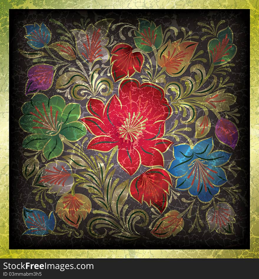 Abstract grunge black background with color floral ornament. Abstract grunge black background with color floral ornament