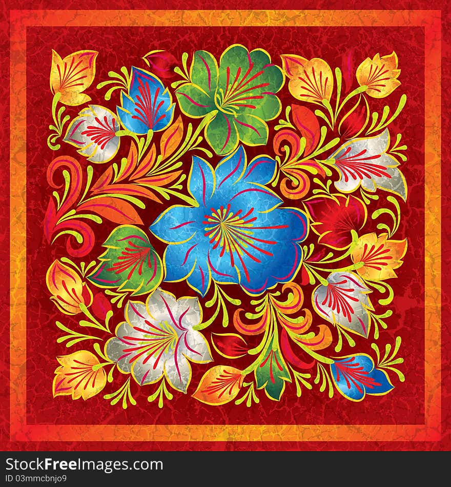 Abstract red grunge background with color floral ornament. Abstract red grunge background with color floral ornament