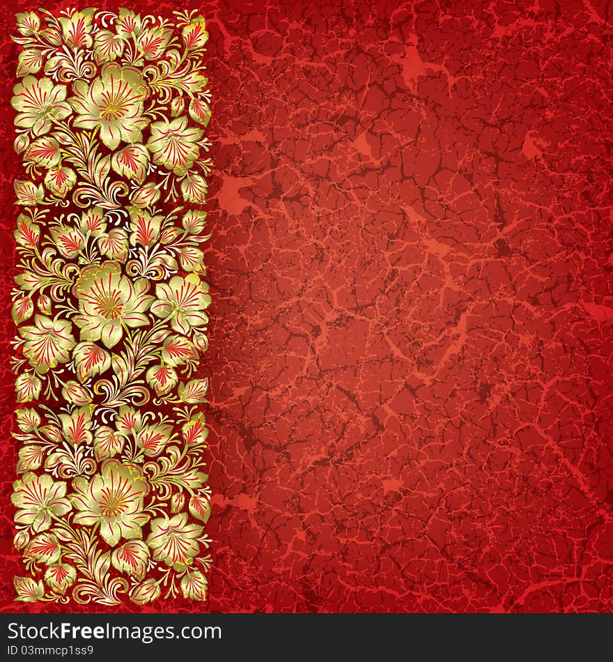 Abstract red grunge background with floral ornament