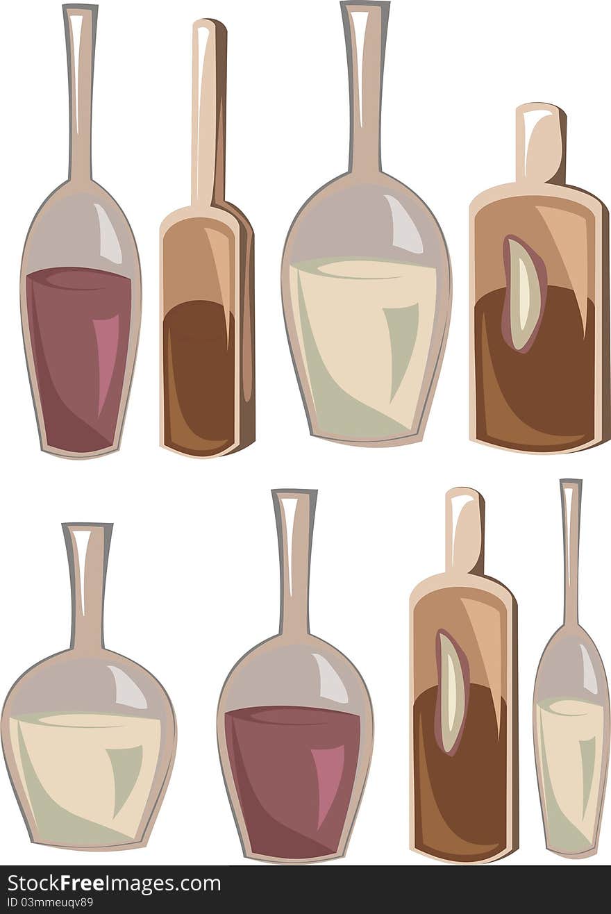 Illustration Bottles with Various alcoholic drinks, icons isolated on white background