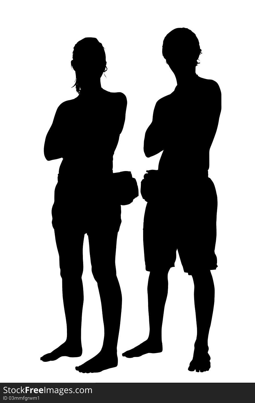 Silhouette of couple in beach clothing and fanny packs. Silhouette of couple in beach clothing and fanny packs.