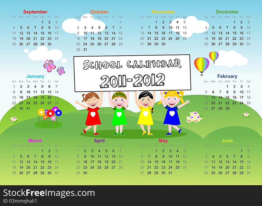 School calendar with four happy girls outdoor. You can find the same illustration without calendar here 33848375. School calendar with four happy girls outdoor. You can find the same illustration without calendar here 33848375
