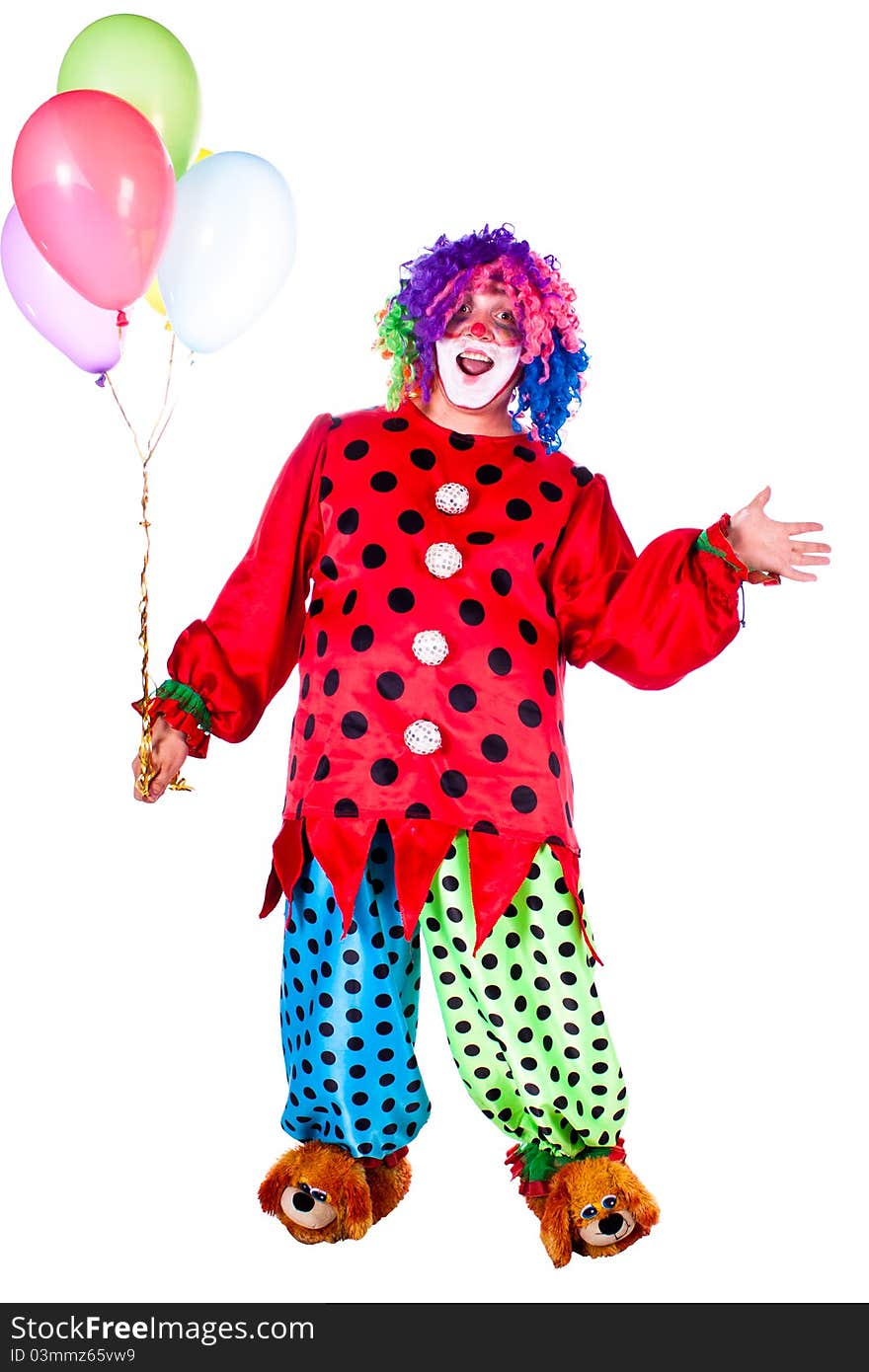 Man dressed as clown red. White background. Studio photography. Man dressed as clown red. White background. Studio photography.