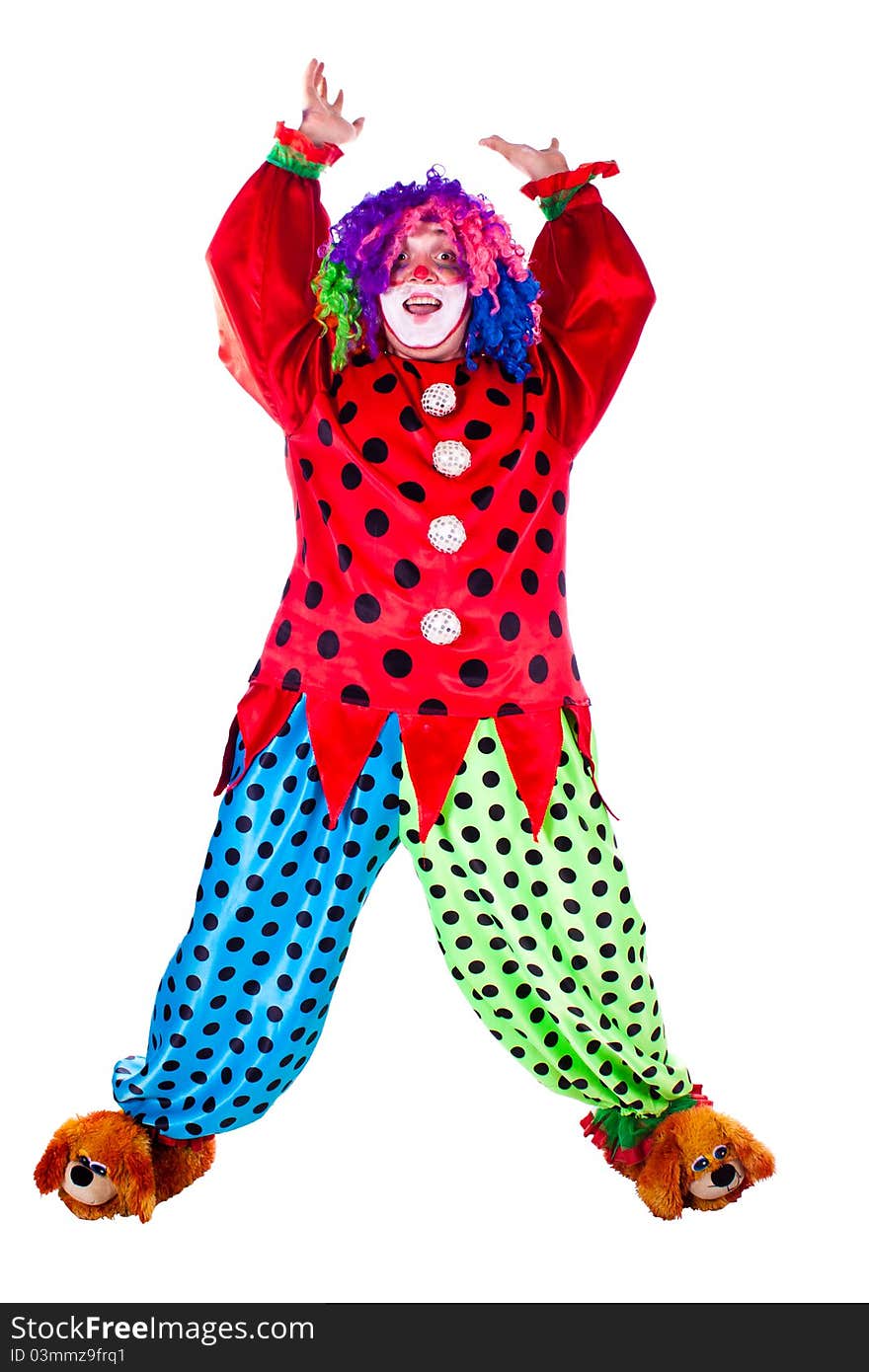 Man dressed as clown red. White background. Studio photography. Man dressed as clown red. White background. Studio photography.