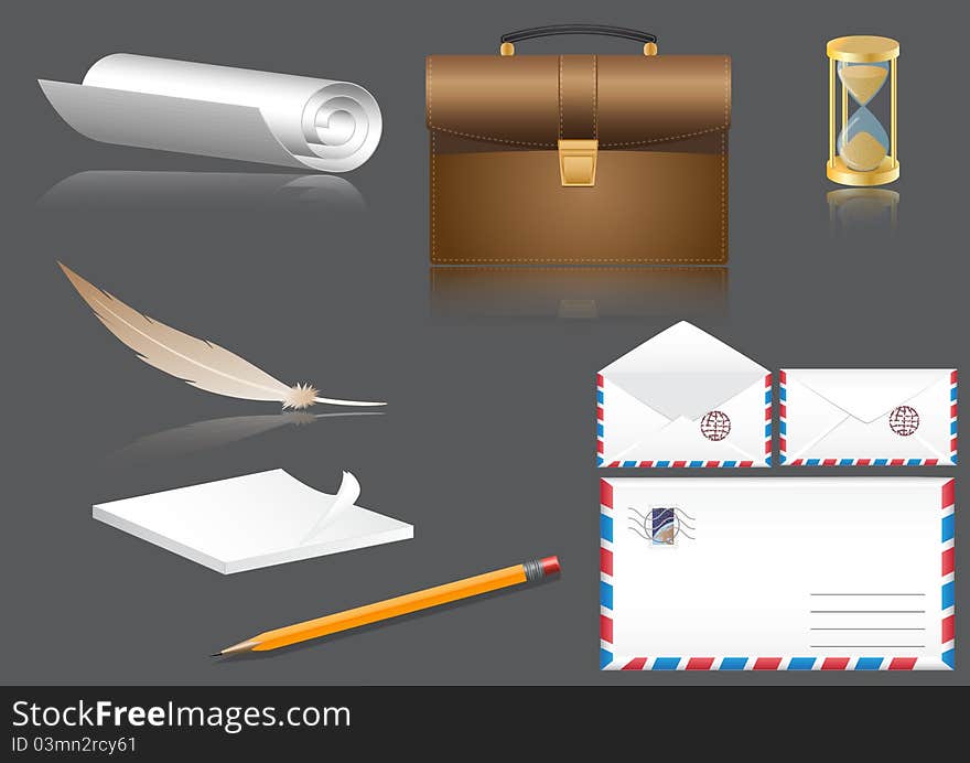 vector business a set a portfolio, an envelope, a paper, a pencil, a feather, a notebook, hours