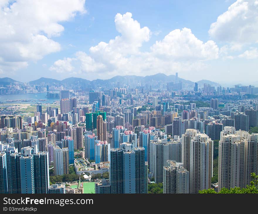 The view of many modern buildings of Hong Kong on day. The view of many modern buildings of Hong Kong on day