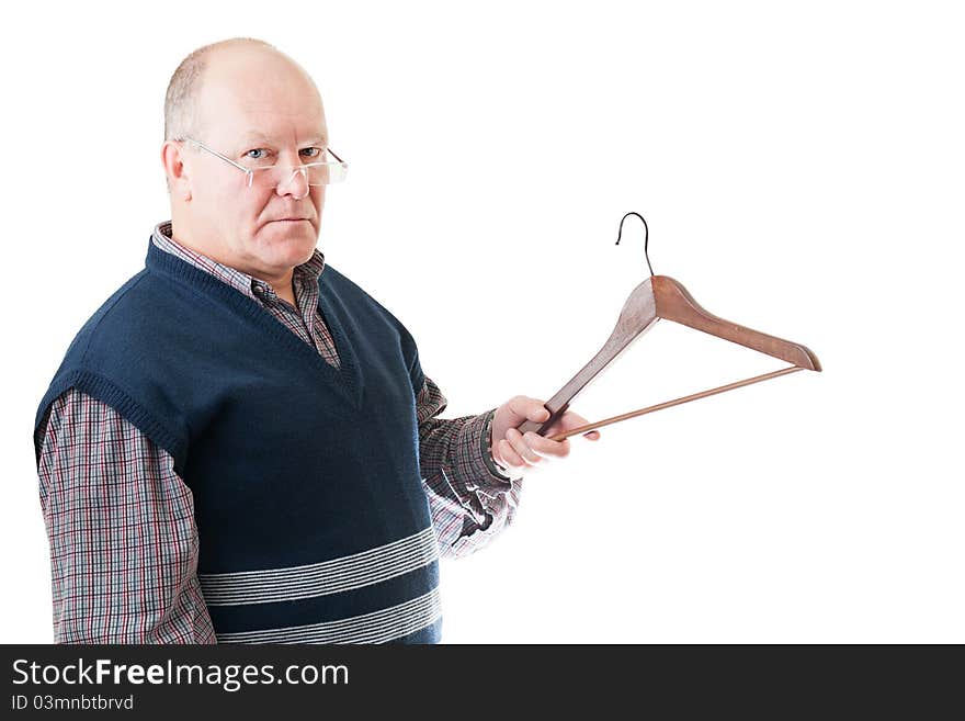 Confident man in glasses with empty cloth hanger