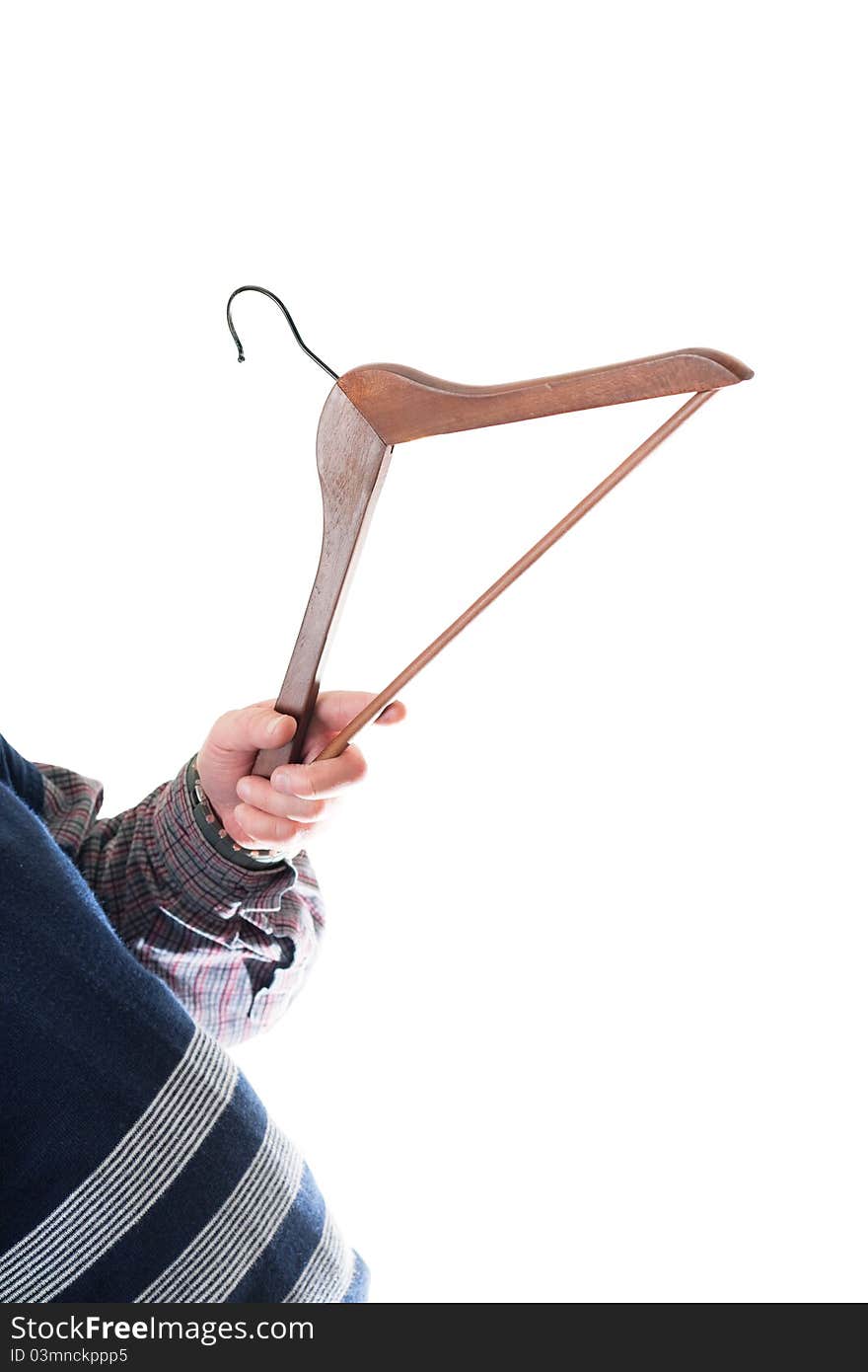 Man's hand with empty cloth hanger isolated on white