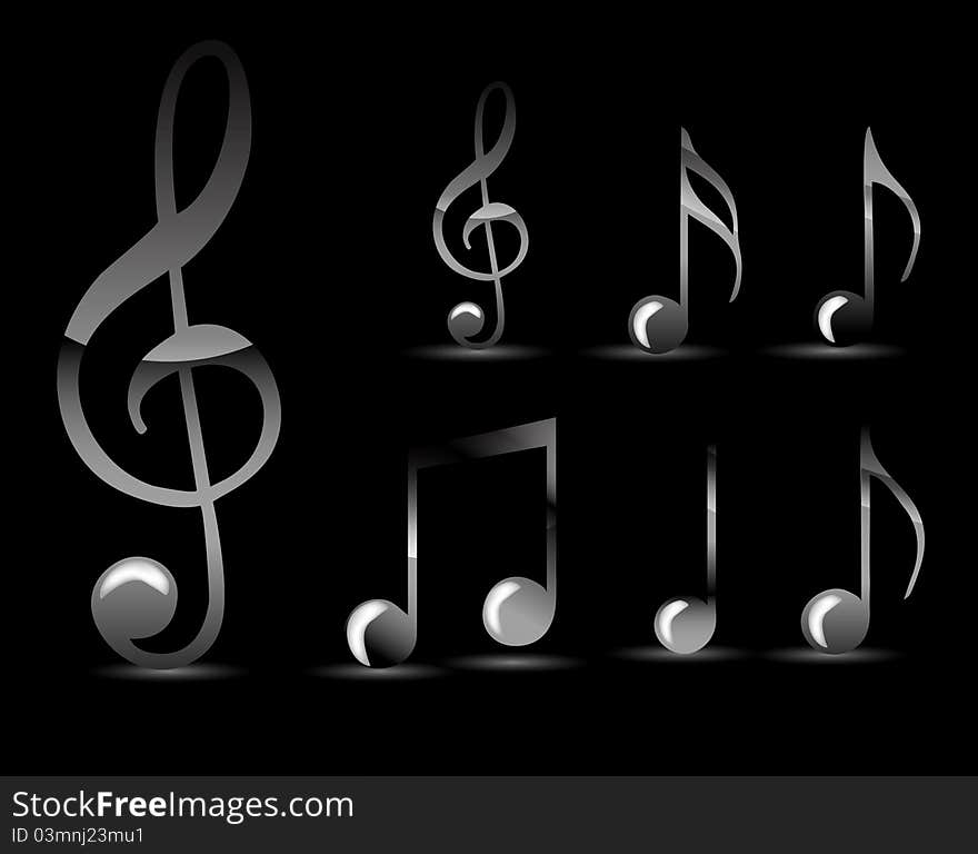 Set of glossy black music note isolated on black background