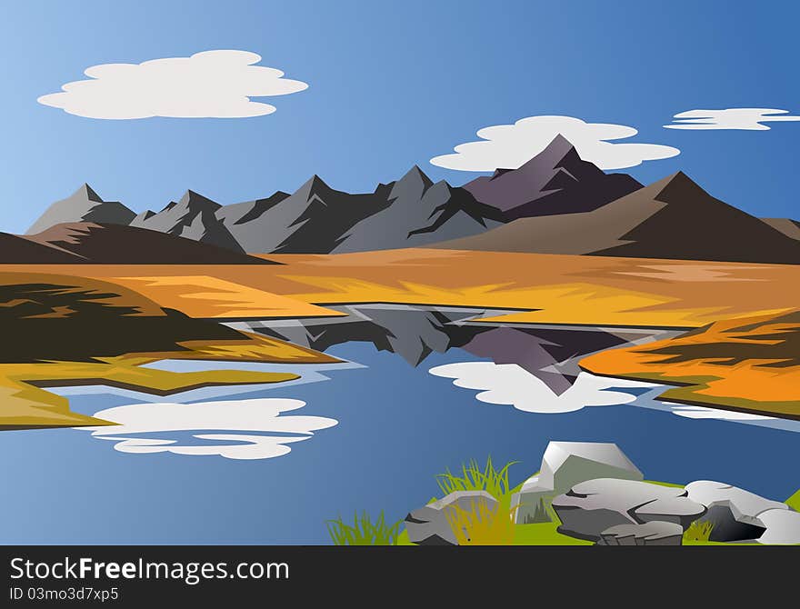 An illustration of scenic landscape with mountains and blue sky